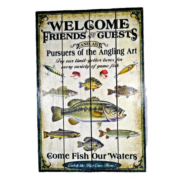 Welcome Friends Guests Fishing Angling Wall Art Weathered Rustic Look 24 X 16-in - Picture 1 of 5